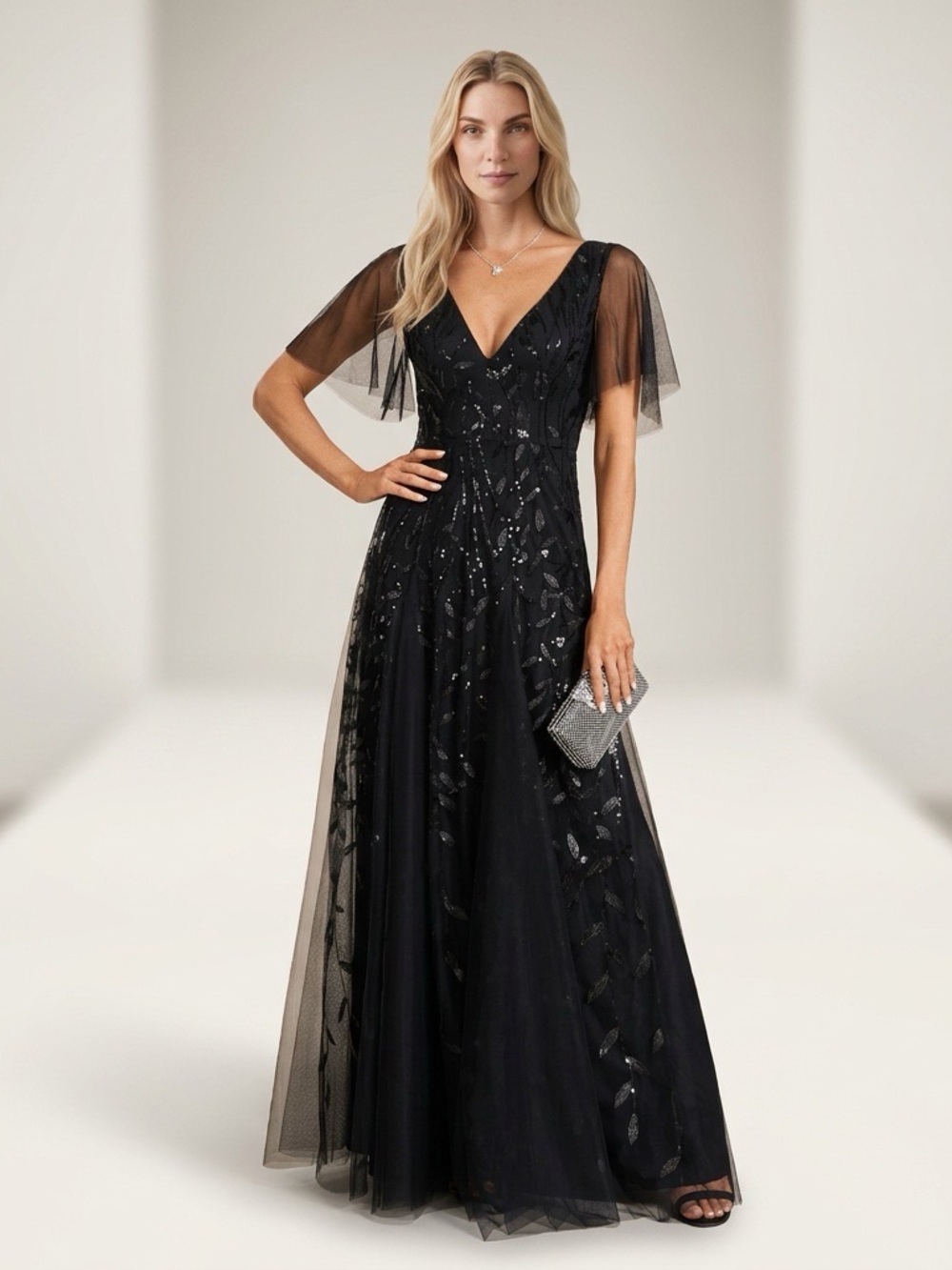 Ever Pretty Black Sequin Embroidered Tulle Formal Maxi Gown Size 8